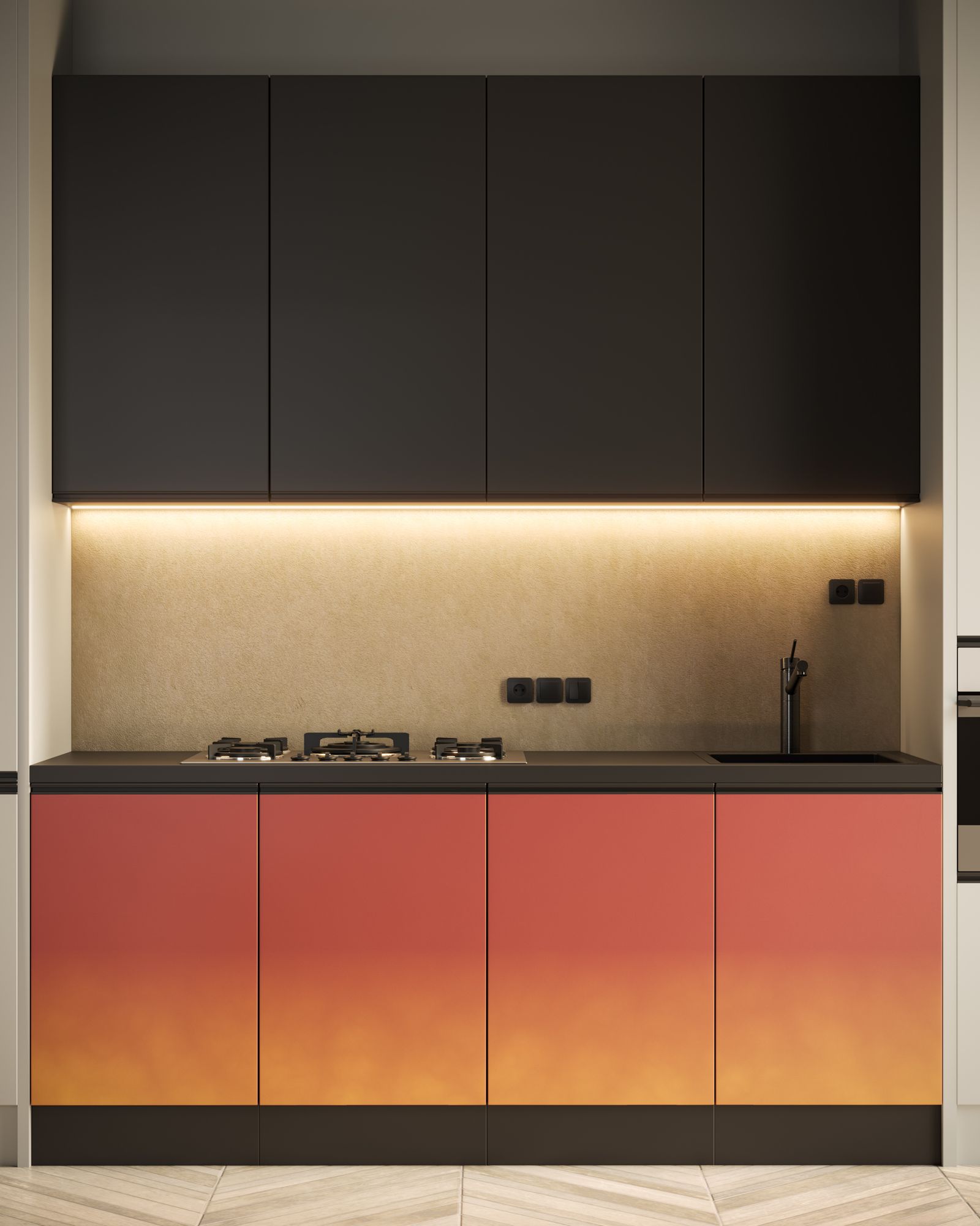 Warm under-cabinet task lighting in a kitchen